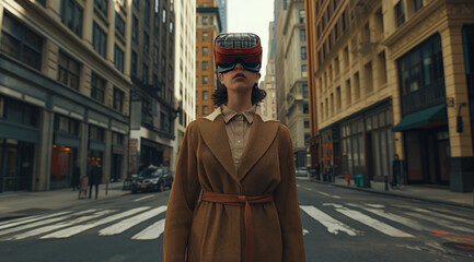 a woman standing in an empty city street in an vr headset, in the style of the new york school