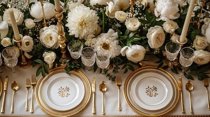An opulent dinner table setting for a wedding feast, featuring golden cutlery, crystal stemware and a centerpiece of white peonies and candles. - obrazy, fototapety, plakaty