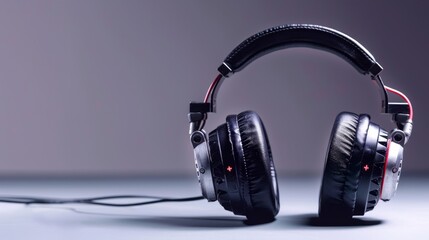 Black and red studio headphones with cable, precision sound equipment