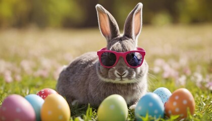 Cute Rabbit Bunny wearing sunglasses exploring the green landscape surrounded by festive Easter...