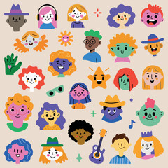 Trendy retro sticker set. Colored funny groovy characters and shapes collection isolated on beige background. Vector illustration.
