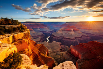 Breathtaking Panoramic View of the Grand Canyon's Depth and Grandeur with Radiating Warmth of Natural Colors