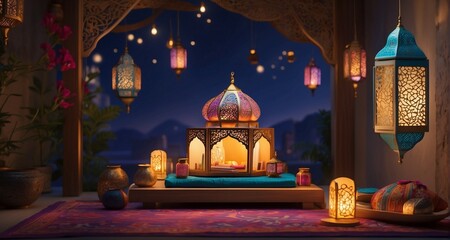 Fototapeta premium Craft an animated sequence revealing the transformation of a home during Ramadan, with ultra-realistic precision in illustrating the gradual illumination of lanterns-Ai Generative