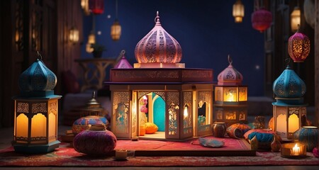 Craft an animated sequence revealing the transformation of a home during Ramadan, with ultra-realistic precision in illustrating the gradual illumination of lanterns-Ai Generative