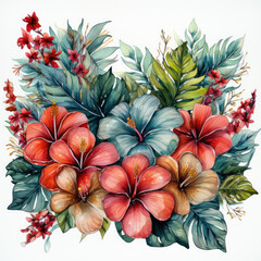 Fototapeta premium watercolor painting of a tropical frame with flower clipart, Generative Ai
