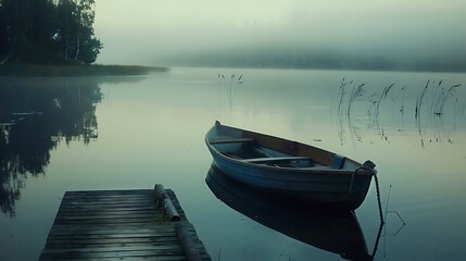 An early morning on a calm, glassy lake, a single rowboat tied to a wooden dock, surrounded by fog and the soft colors of dawn, a moment of solitude and reflection, high resolution, realistic.