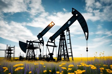 A surreal scene of an oil pumpjack in a field of wildflowers, blending the natural beauty of the...