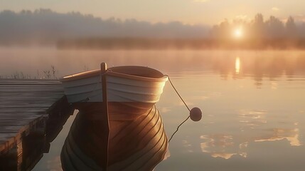 An early morning on a calm, glassy lake, a single rowboat tied to a wooden dock, surrounded by fog and the soft colors of dawn, a moment of solitude and reflection, high resolution, realistic, full ul - obrazy, fototapety, plakaty