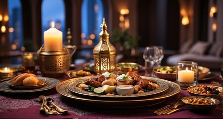 Fototapeta na wymiar Capture the essence of an iftar dinner with ultra-realistic precision, showcasing a beautifully set table adorned with traditional Ramadan dishes, where the warm glow of candlelight-Ai Generative