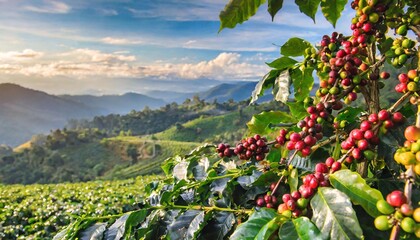 coffee tree with fresh arabica coffee bean in coffee plantation on the mountain at northern of chiang rai thailand - obrazy, fototapety, plakaty