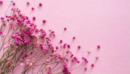 dry pink flowers gypsophila on pink background flat lay top view copy space - obrazy, fototapety, plakaty