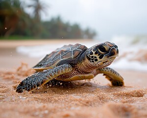 A close-up of a sea turtle hatchling on golden sands, the intricate patterns on its shell symbolizing the delicate complexity of marine ecosystems