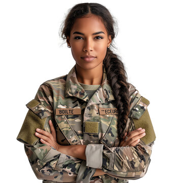 A proud portrait photo of a mixed race female soldier on a transparent background. A patriotic female warrior in a camouflage uniform on a transparent background for military service. PNG format.