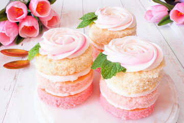 Spring mini cakes with buttercream rose. Table scene with a white wood background. Pink layers with flower topping.