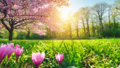 sun shining on spring landscape with trees and pink flowers growing amongst green grass nature background blur with copyspace - obrazy, fototapety, plakaty