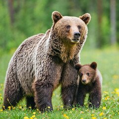 Fototapeta premium Brown bear, ursus arctos, mother with two cubs on green meadow with copy space. Wide panoramic banner of wild mammal with her lovely offsprings. Animal wildlife in summer nature