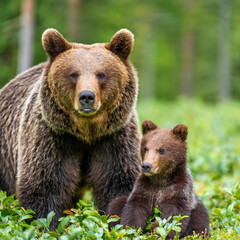 Brown bear, ursus arctos, mother with two cubs on green meadow with copy space. Wide panoramic banner of wild mammal with her lovely offsprings. Animal wildlife in summer nature