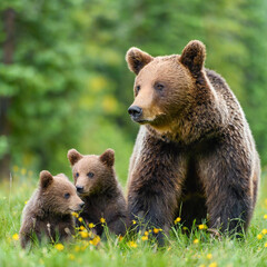 Obraz premium Brown bear, ursus arctos, mother with two cubs on green meadow with copy space. Wide panoramic banner of wild mammal with her lovely offsprings. Animal wildlife in summer nature