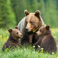 Brown bear, ursus arctos, mother with two cubs on green meadow with copy space. Wide panoramic banner of wild mammal with her lovely offsprings. Animal wildlife in summer nature