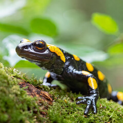 Fire salamander, salamandra salamandra, looking sideways from a moss covered tree in forest. Patterned toxic animal with yellow spots and stripes in natural habitat