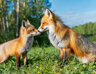 Fototapeta premium Family of red fox, vulpes vulpes, mother and young cub touching with noses in green summer nature. Close interaction between female adult mammal and her offspring. Animal wildlife