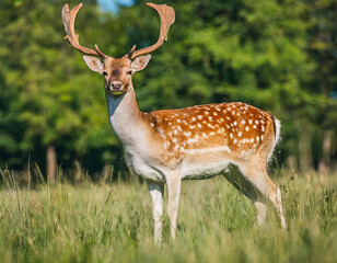 Obraz premium Fallow deer, dama dama, standing in long grass in spring sunlight. Stag with massive antlers looking from sunny field. Spotted mammal watching on meadow.
