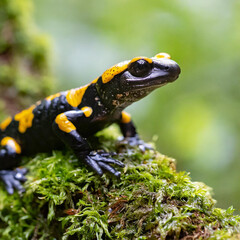 Fototapeta premium Fire salamander, salamandra salamandra, looking sideways from a moss covered tree in forest. Patterned toxic animal with yellow spots and stripes in natural habitat