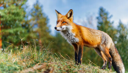 Fluffy red fox, vulpes vulpes, looking from a hill on a meadow in autumn nature. Furry mammal watching with interest on grassland from low angle side view