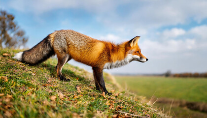 Fluffy red fox, vulpes vulpes, looking from a hill on a meadow in autumn nature. Furry mammal watching with interest on grassland from low angle side view