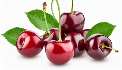 sour cherry berries isolated on white or transparent background falling cherry fruits with green stem and leaf