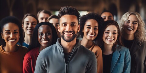 Smiling and making eye contact: A diverse group of individuals. Concept Diversity in Photos, Smiling Faces, Eye Contact, Group Poses, Inclusivity - obrazy, fototapety, plakaty
