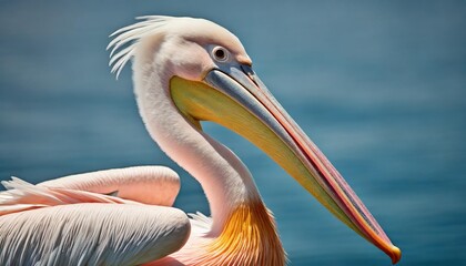 a serene pink pelican with a long beak on a blue background - obrazy, fototapety, plakaty