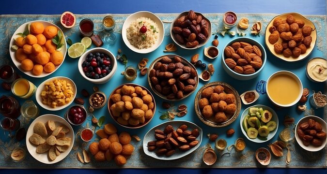 Craft a visually striking image of a diverse iftar spread, featuring ultra-realistic depictions of dates, fruits, refreshing beverages, and a variety of savory and sweet dishes-Ai Generative
