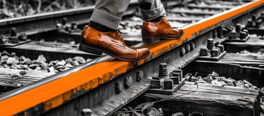 Feet in the shoes of a businessman on the railroad tracks. Businessman walks on the railroad (sleepers and rails). Monochrome image with orange flecks of color