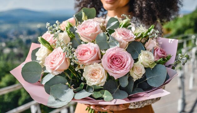 very nice young woman holding big and beautiful bouquet of fresh ohara roses smaller roses eucalyptus eustoma in tender pink colors cropped photo bouquet close up