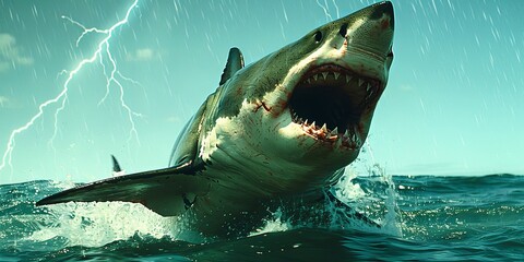 Dynamic Ocean Scene with Great White Shark Emerging from Water During a Thunderstorm