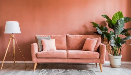 peach fuzz trendy color of 2024 year concept living room with sofa and green plant - obrazy, fototapety, plakaty