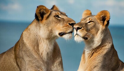 tender moment between lionesses - obrazy, fototapety, plakaty