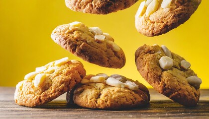 levitation of homemade cookies filmed on a yellow background - obrazy, fototapety, plakaty