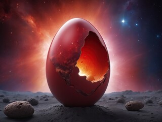 Illustration with a surrealistic egg in space.