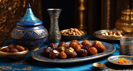 Fototapeta premium Explore the cultural richness of iftar with an ultra-realistic image, highlighting the traditional elements such as the ornate tableware, the arrangement of dates and water-Ai Generative