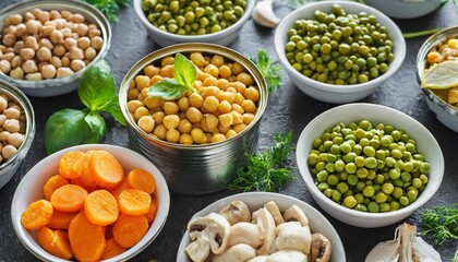 seamless food background made of opened canned chickpeas green sprouts carrots corn peas beans and mushrooms on black background - obrazy, fototapety, plakaty