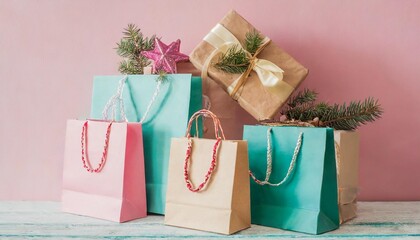 christmas gifts in shopping bags on a pink background pastel colors holiday concept - obrazy, fototapety, plakaty