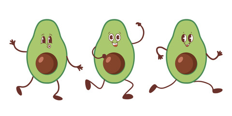 A set of avocados in the style of kawaii. Avocado fruits in a flat design. 