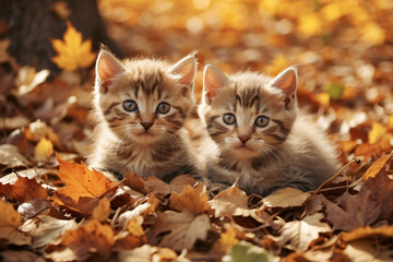 Naklejka na ściany i meble Two domestic cats sitting in colorful autumn decoration with leaves