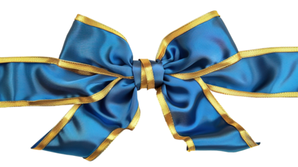 Blue bow with gold border on transparent background and on isolated white background