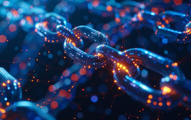 Blockchain chain links stylized minimally across a serene digital horizon symbolizing interconnected transactions  - obrazy, fototapety, plakaty
