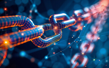Blockchain chain links stylized minimally across a serene digital horizon symbolizing interconnected transactions ar 169 - obrazy, fototapety, plakaty