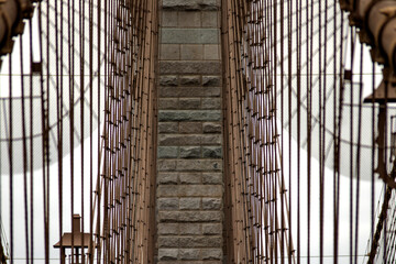 Central cables of the Brooklyn Suspension Bridge linking the boroughs of Manhattan and Brooklyn in...