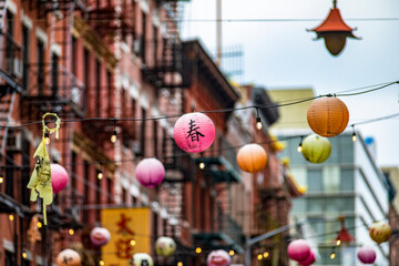 Chinese red lanterns in the Chinatown neighborhood of New York City (USA), its festive decoration...